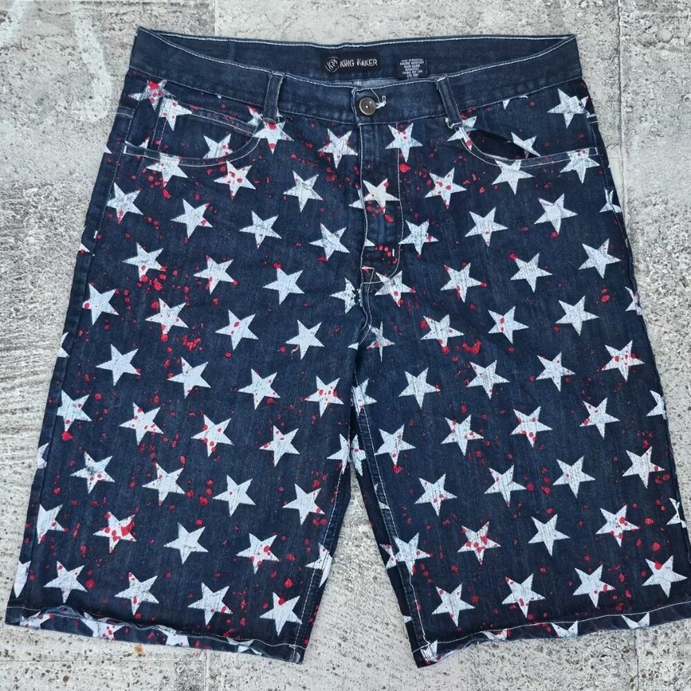 King Maker Men Shorts Blue White Star Patriot Straight Fit Shorts Bermuda Size40